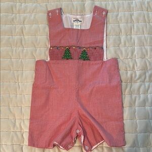 Red Kids Smocked Christmas Overalls with Embroidered Trees